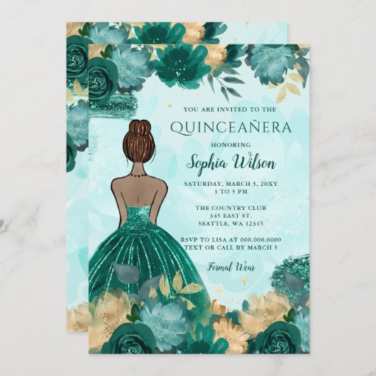 Blauwgroen Turquoise Goud Bloemen Prinses Quinceañ Kaart (Voorkant / Achterkant)