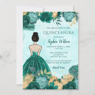 Blauwgroen Turquoise Goud Bloemen Prinses Quinceañ Kaart