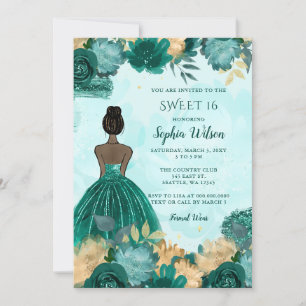 Blauwgroen Turquoise Goud Bloemen Prinses Sweet 16 Kaart