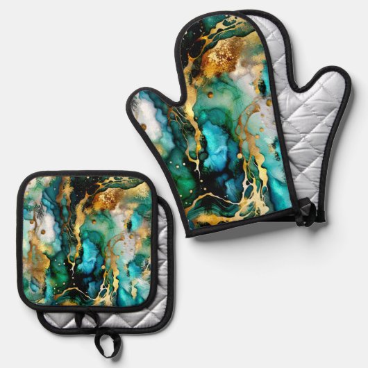 Blauwgroen turquoise gouden Abstracte kunst Ovenwant & Pannenlap Set (Voorkant / Achterkant)