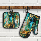Blauwgroen turquoise gouden Abstracte kunst Ovenwant & Pannenlap Set