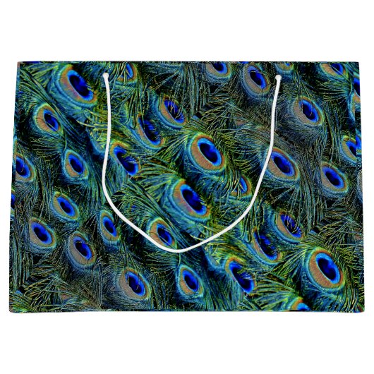 Blauwgroen turquoise kleurrijke pauwenveren groot cadeauzakje (Voorkant)