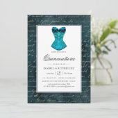 Blauwgroen - Turquoise Masquerade Quinceañera Kaart (Staand voorkant)