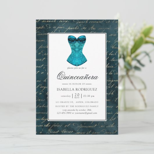  Blauwgroen - Turquoise Masquerade Quinceañera Kaart (Staand voorkant)