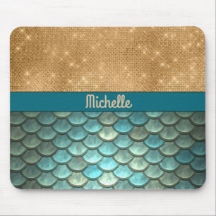 Blauwgroen Turquoise Mermaid Scales   Gold Glitter Muismat