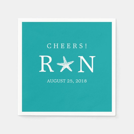 Blauwgroen Turquoise Monogram Zeester | Bruiloft Servet (Voorkant)