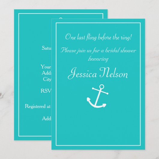 Blauwgroen turquoise nautische ankeruitnodigingen kaart (Voorkant / Achterkant)