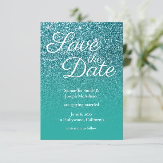 Blauwgroen Turquoise Ombre Glitter sparen de Datum Kaart (Staand voorkant)