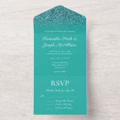 Blauwgroen Turquoise Ombre Glitter Wedding All In One Uitnodiging (Binnen)