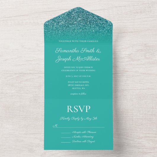 Blauwgroen Turquoise Ombre Glitter Wedding All In One Uitnodiging (Binnen)