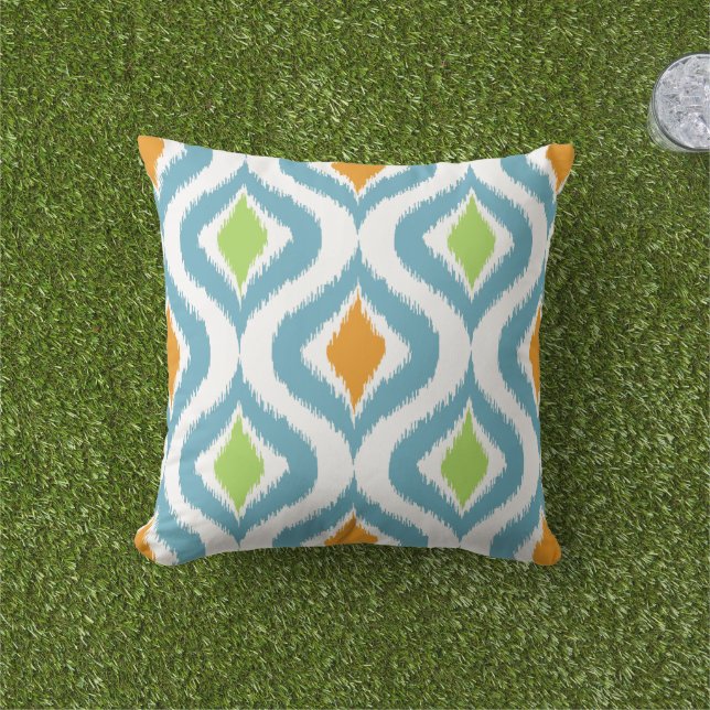 Blauwgroen Turquoise Oranje Lime Green Ikat Druppe Buitenkussen (Gras)