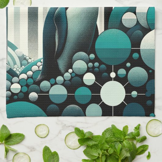 Blauwgroen turquoise pinguïn in de Art Deco geomet Theedoek (Gevouwen)