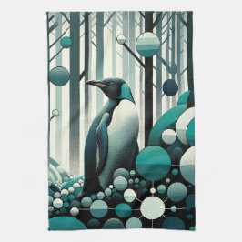 Blauwgroen turquoise pinguïn in de Art Deco geomet Theedoek