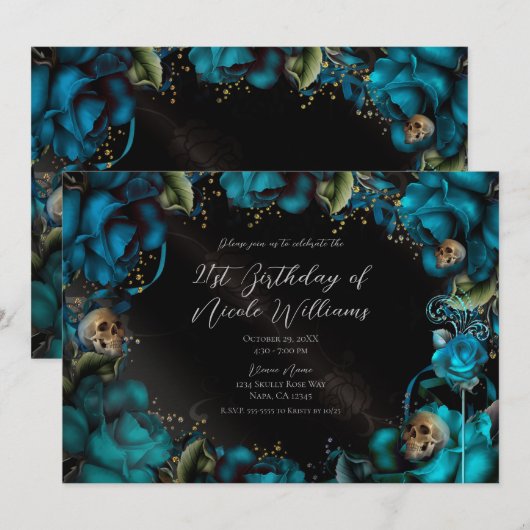 Blauwgroen Turquoise Rozen Skulls Gothic Birthday Kaart (Voorkant / Achterkant)