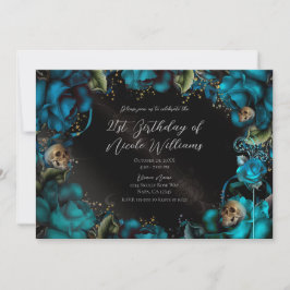 Blauwgroen Turquoise Rozen Skulls Gothic Birthday  Kaart