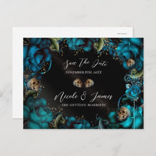 Blauwgroen Turquoise Rozen Skulls Gothic Save the Aankondigingskaart (Voorkant / Achterkant)