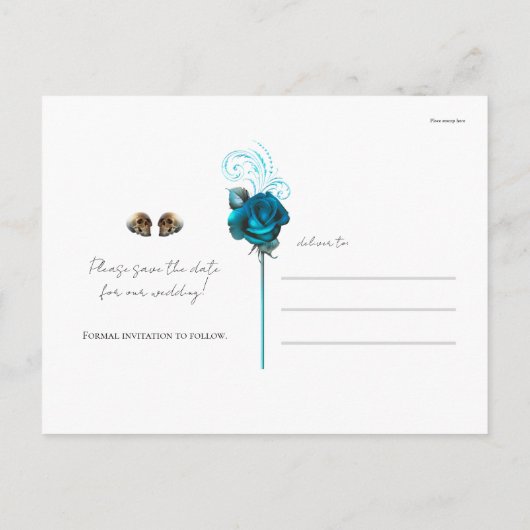Blauwgroen Turquoise Rozen Skulls Gothic Save the Aankondigingskaart (Achterkant)