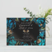 Blauwgroen Turquoise Rozen Skulls Gothic Verloving Kaart (Staand voorkant)