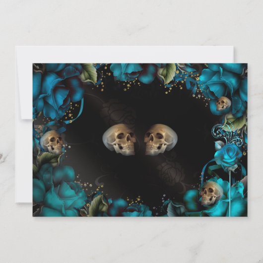 Blauwgroen Turquoise Rozen Skulls Gothic Verloving Kaart (Achterkant)