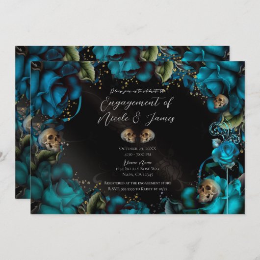 Blauwgroen Turquoise Rozen Skulls Gothic Verloving Kaart (Voorkant / Achterkant)