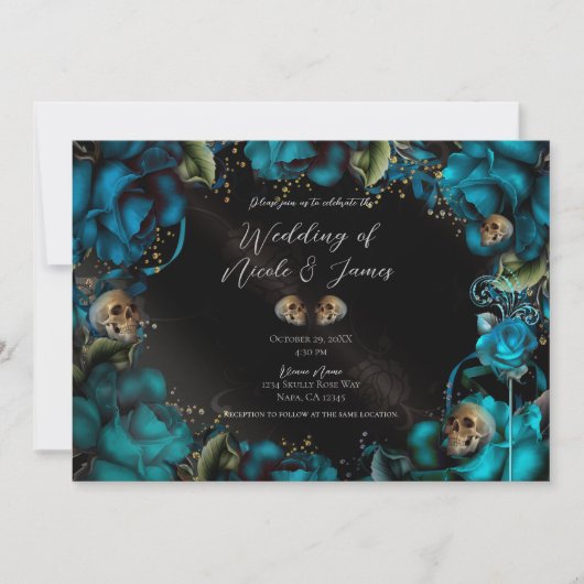 Blauwgroen Turquoise Rozen Skulls gothic Wedding Kaart (Voorkant)