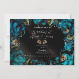 Blauwgroen Turquoise Rozen Skulls gothic Wedding Kaart