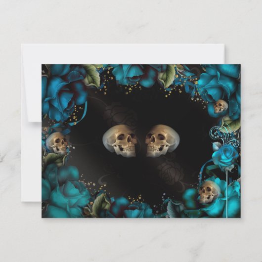 Blauwgroen Turquoise Rozen Skulls Gothic Wedding R Kaart (Achterkant)