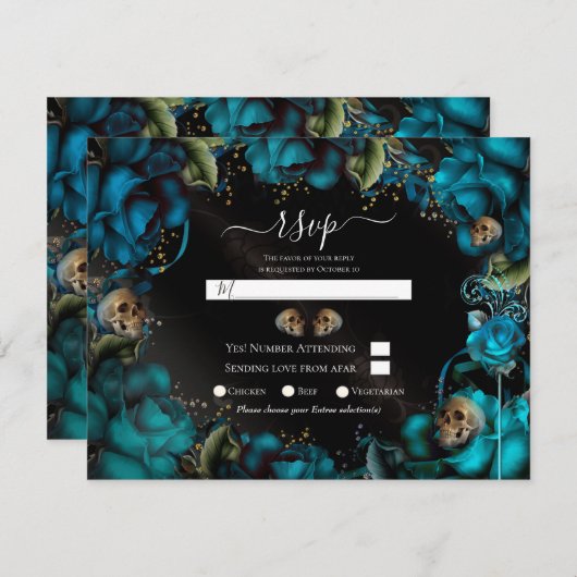 Blauwgroen Turquoise Rozen Skulls Gothic Wedding R Kaart (Voorkant / Achterkant)