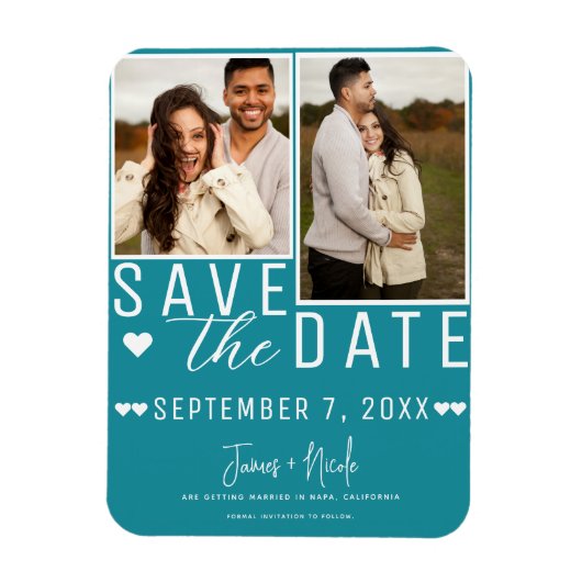 Blauwgroen Turquoise Save the Date 2 Foto Bruiloft Magneet (Verticaal)