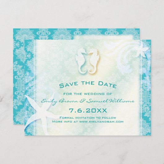 Blauwgroen Turquoise Seahorse Bruiloft Save the Da Aankondigingskaart (Voorkant / Achterkant)