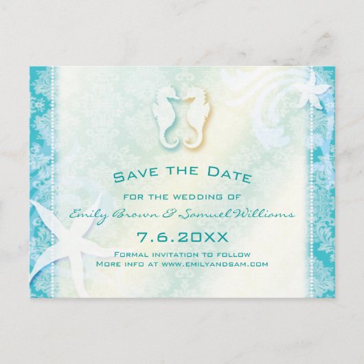 Blauwgroen Turquoise Seahorse Bruiloft Save the Da Aankondigingskaart (Voorkant)