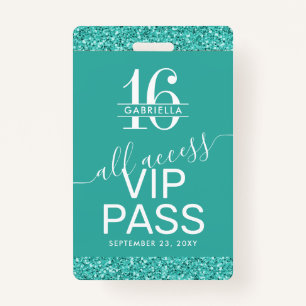 Blauwgroen Turquoise Sweet 16 Invitation VIP Pass  Badge