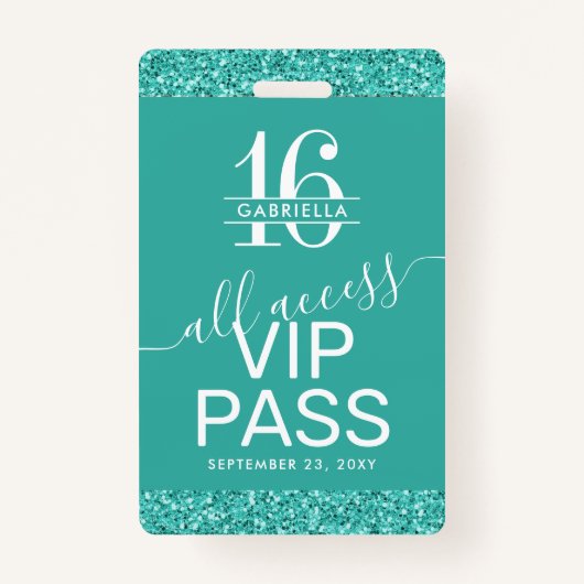 Blauwgroen Turquoise Sweet 16 Invitation VIP Pass  Badge (Voorkant)
