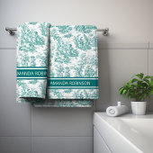  blauwgroen turquoise toile de jouy bedrukt bad handdoek