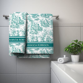  blauwgroen turquoise toile de jouy bedrukt bad handdoek