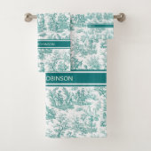 blauwgroen turquoise toile de jouy bedrukt bad handdoek (Insitu)