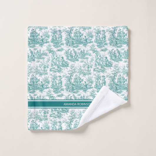  blauwgroen turquoise toile de jouy bedrukt bad handdoek (Wasdoekje)