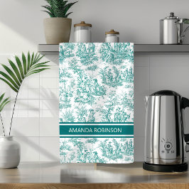  blauwgroen turquoise toile de jouy bedrukt theedoek