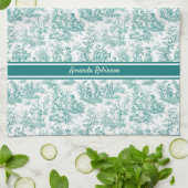  blauwgroen turquoise toile de jouy bedrukt theedoek (Gevouwen)