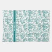  blauwgroen turquoise toile de jouy bedrukt theedoek (Horizontaal)