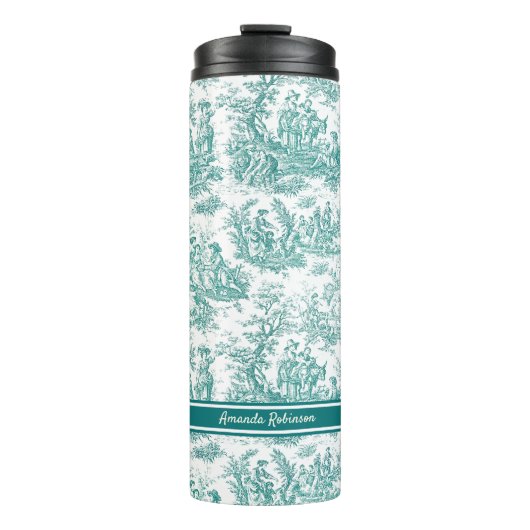 blauwgroen turquoise toile de jouy bedrukt thermosbeker (Voorkant)