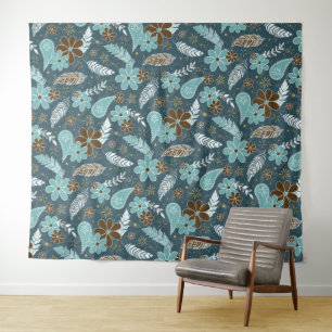 blauwgroen turquoise veren doodle bloemen boho wandkleed
