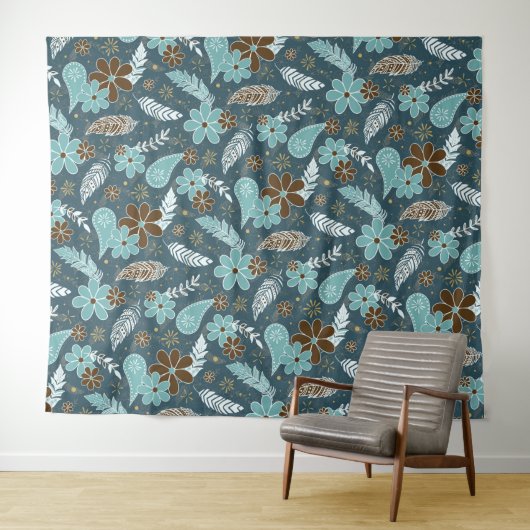 blauwgroen turquoise veren doodle bloemen boho wandkleed (In Situ (horizontaal))