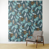 blauwgroen turquoise veren doodle bloemen boho wandkleed (In situ)