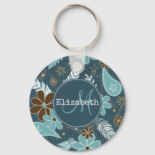 blauwgroen turquoise vethery flowery boho patroon sleutelhanger