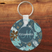blauwgroen turquoise vethery flowery boho patroon sleutelhanger (Voorkant)