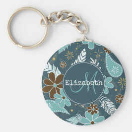 blauwgroen turquoise vethery flowery boho patroon sleutelhanger
