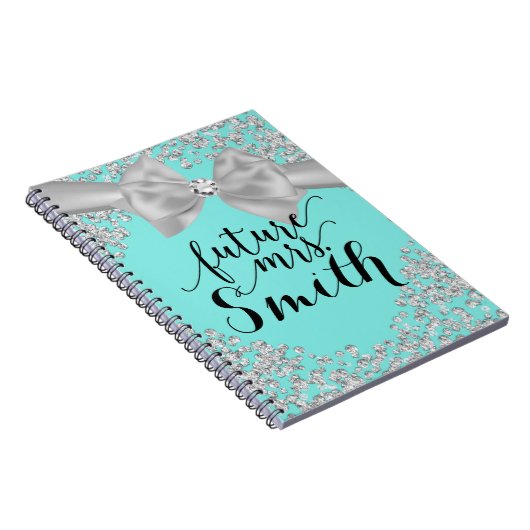 Blauwgroen Turquoise White Bow Diamond Bling Futur Notitieboek (Rechterzijde)