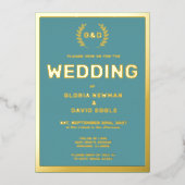 Blauwgroen typografie bruiloft echt goud folie uitnodiging (Voorkant)