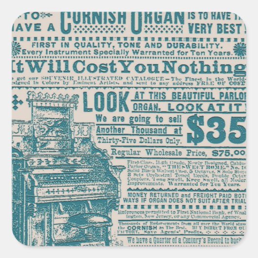  Blauwgroen Typografie Cornish Orgel Instrument Vierkante Sticker (Voorkant)